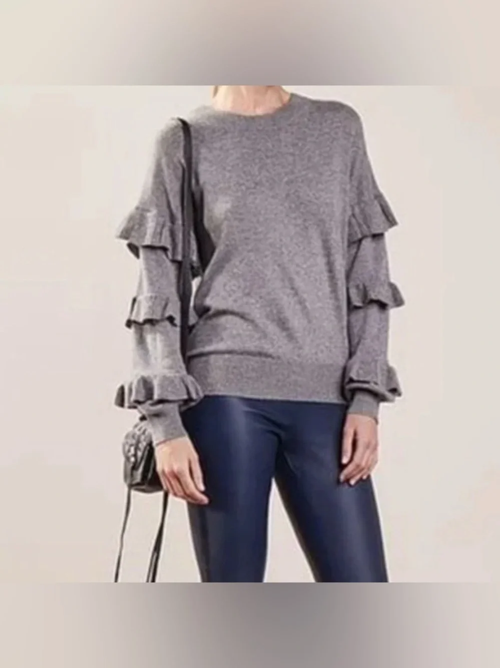 J Crew Womens Gray Crewneck Rib Trim‎ Wool Blend Long Ruffle Sleeve Sweater XS